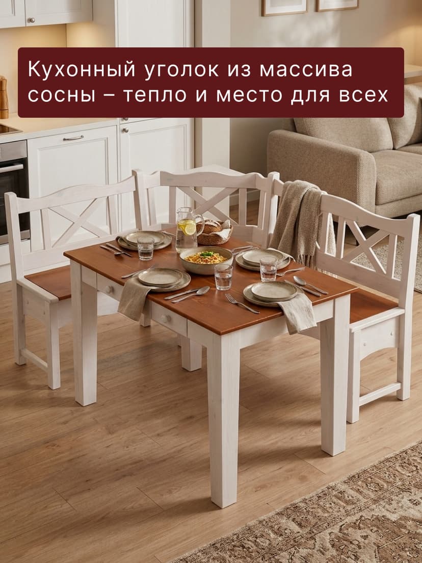Обеденная группа Ванда, стол с ящиками 180х90 и скамья 151х241