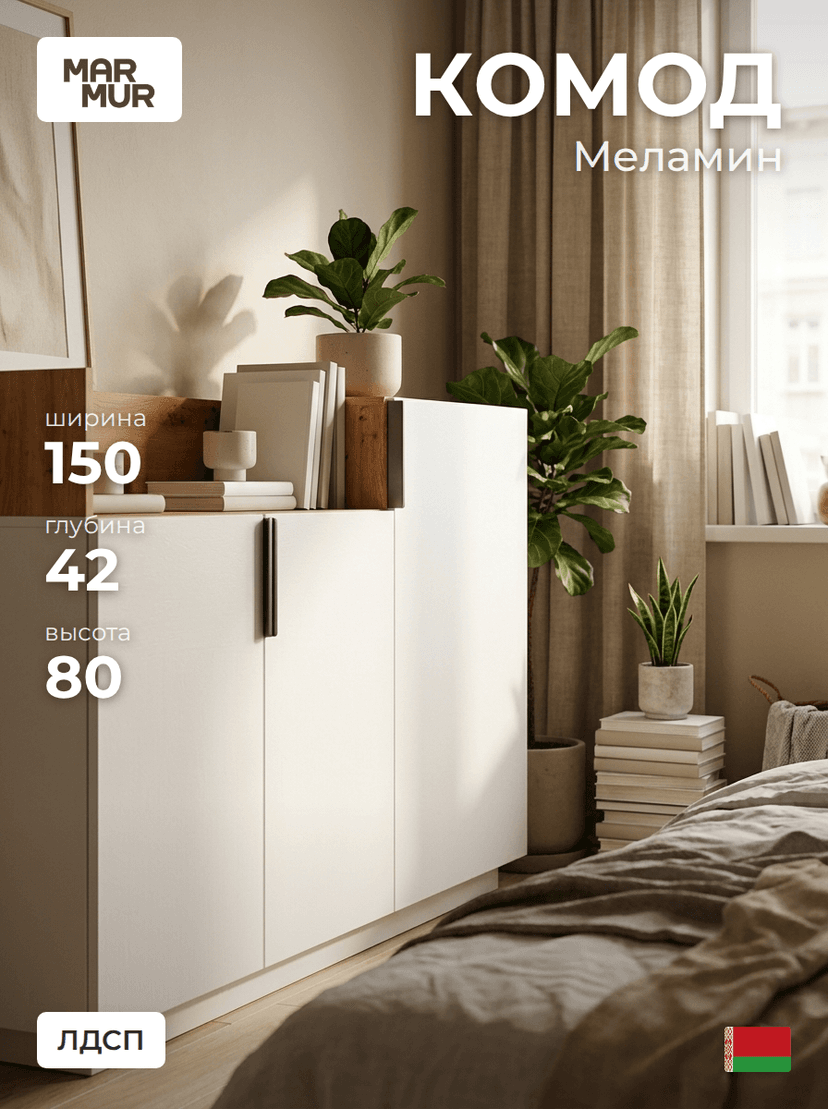 Парящий белый комод Меламин 3 двери со столиком, 150х42х80 см, белый/артизан, ЛДСП — фото 11