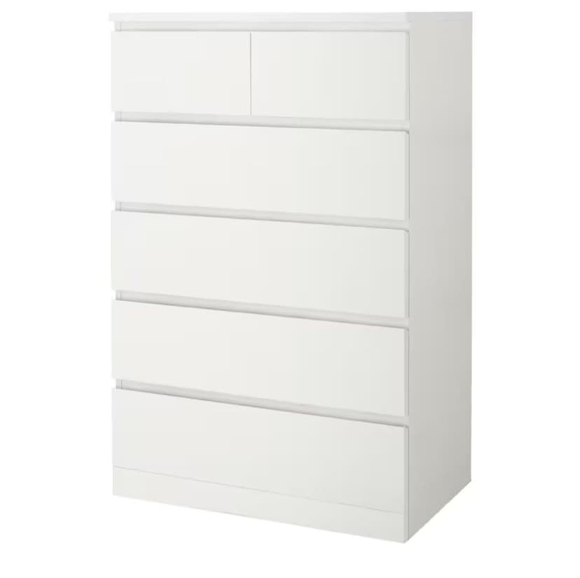 Комод 80х48х125, Марм, с 6 ящиками для вещей, игрушек, высокий, деревянный, без ручек в скандинавском стиле со скосами и органайзерами, белый