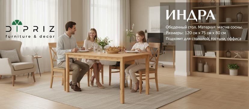 Обеденный стол Индра из массива сосны - Диприз, светло-коричневый — фото 2