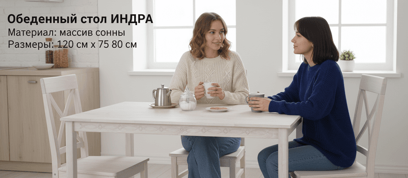 Обеденный стол Индра из массива сосны, белый - Диприз — фото 3