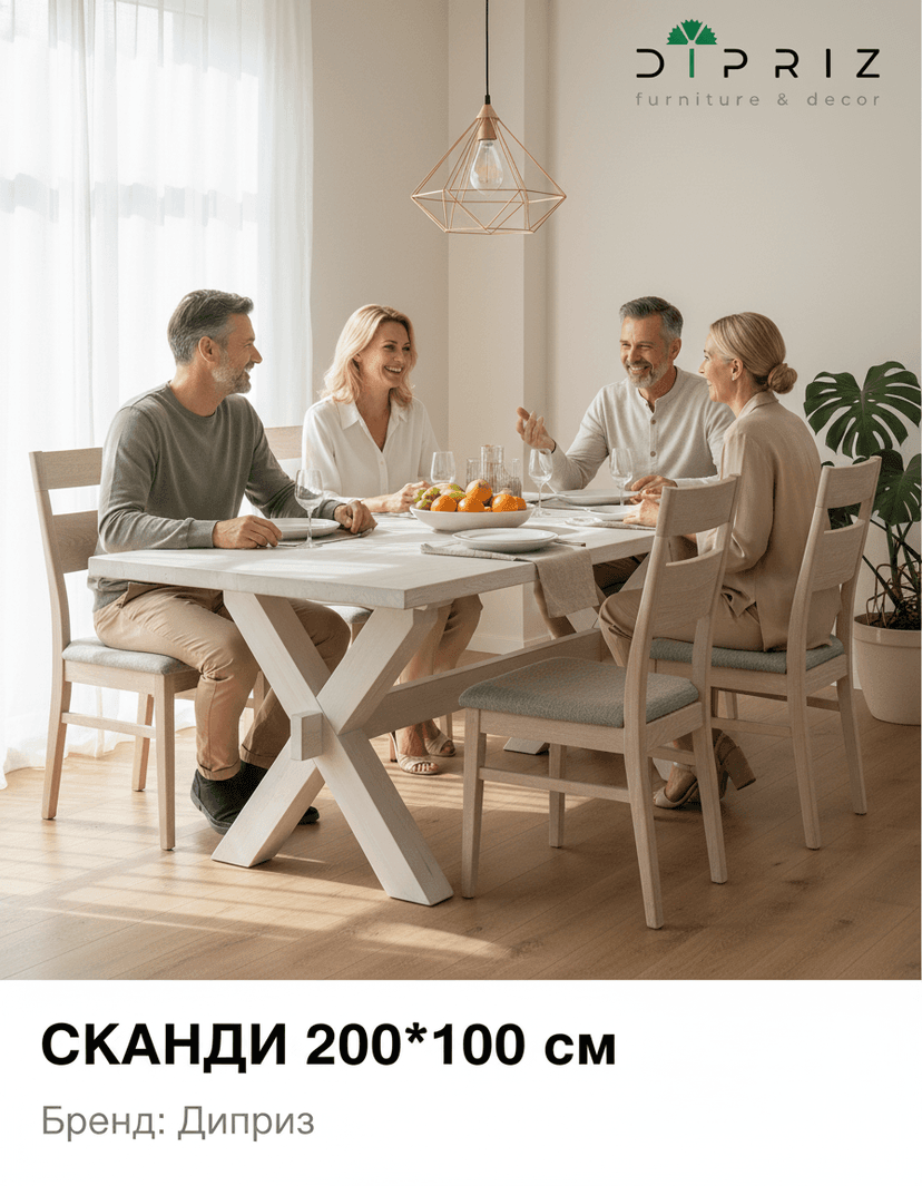 Стол обеденный Сканди 200×100×75, массив сосны, белый воск — фото 3