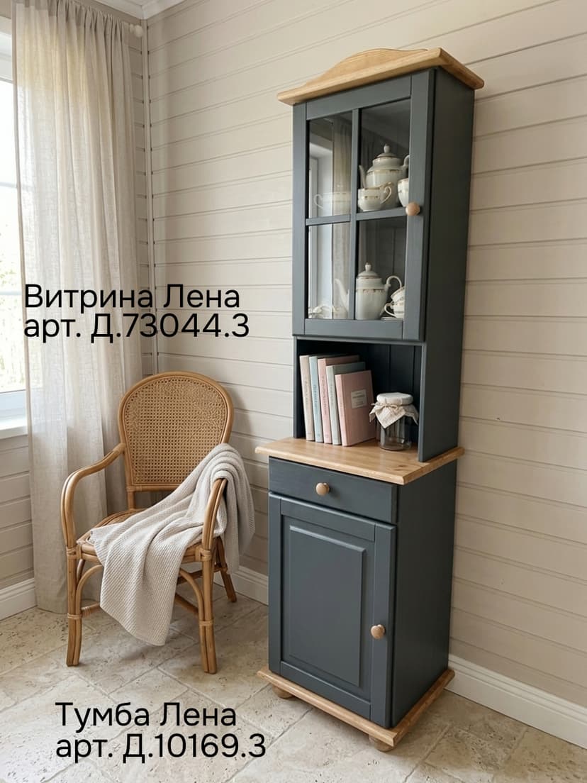 Витрина Лена 48×28×105, надстройка буфета, массив сосны, серый воск с сосновым карнизом — фото 11