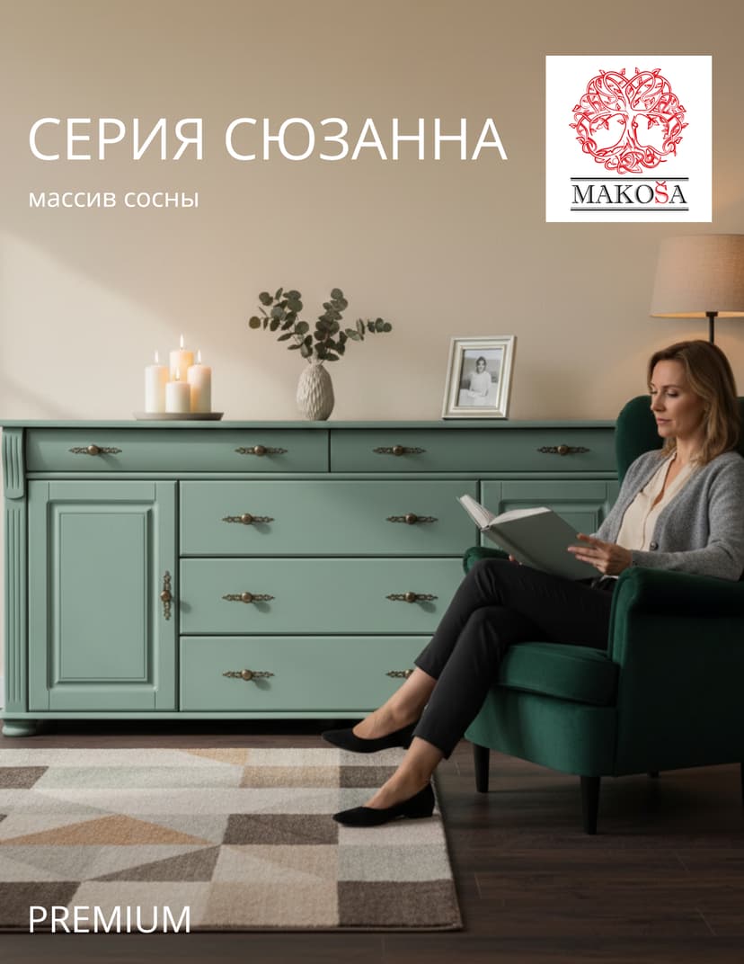 Комод Сюзанна 180 см, 5 ящиков, массив сосны, зелёный — фото 3