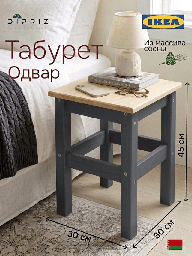 Табурет для кухни, 33х33х45, Одвар, деревянный, для кухни, сосна, серый, IKEA