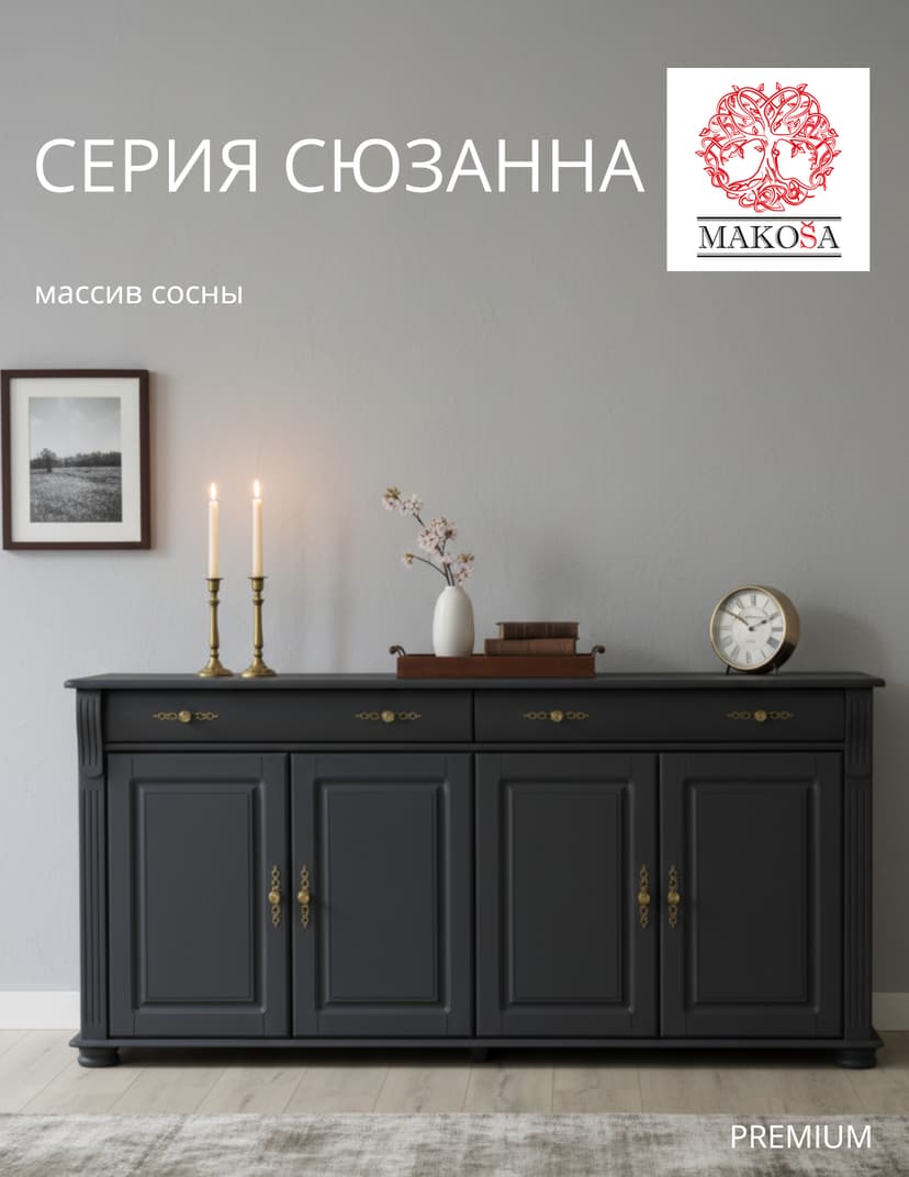 Комод Сюзанна 180 см, 2 ящика и 2 двери, массив сосны, серый