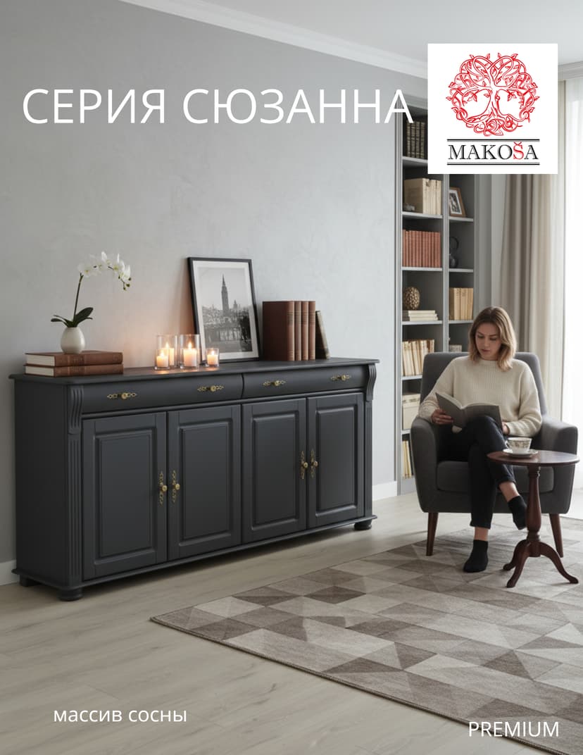 Комод Сюзанна 180 см, 2 ящика и 2 двери, массив сосны, серый — фото 2