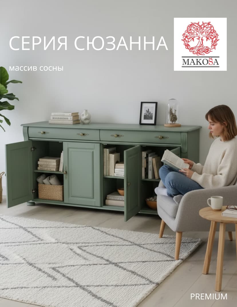 Комод Сюзанна 180 см, 2 ящика и 2 двери, массив сосны, зелёный