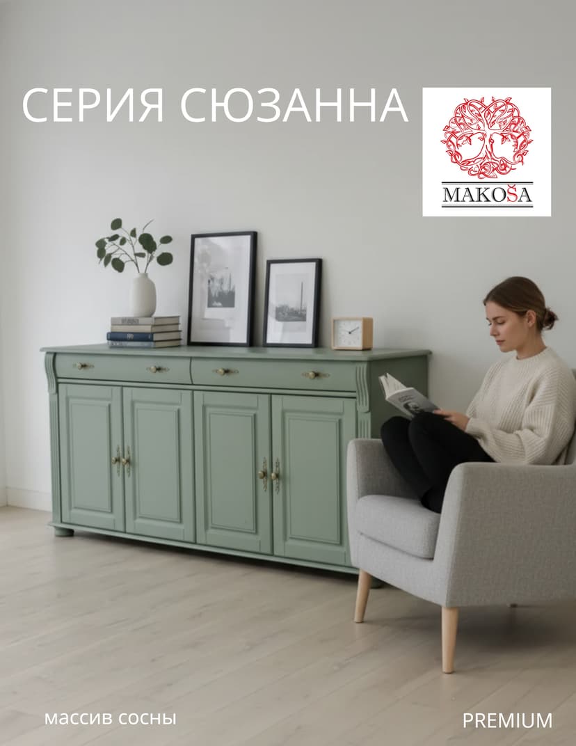 Комод Сюзанна 180 см, 2 ящика и 2 двери, массив сосны, зелёный