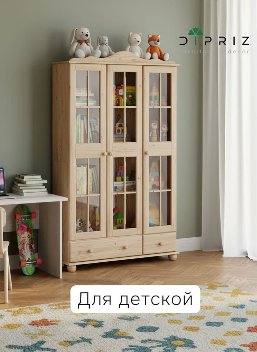 ЭКО шкаф-витрина Бритта, массив сосны (без химической обработки), 3 двери, 186х113х32, натуральный цвет — фото 13