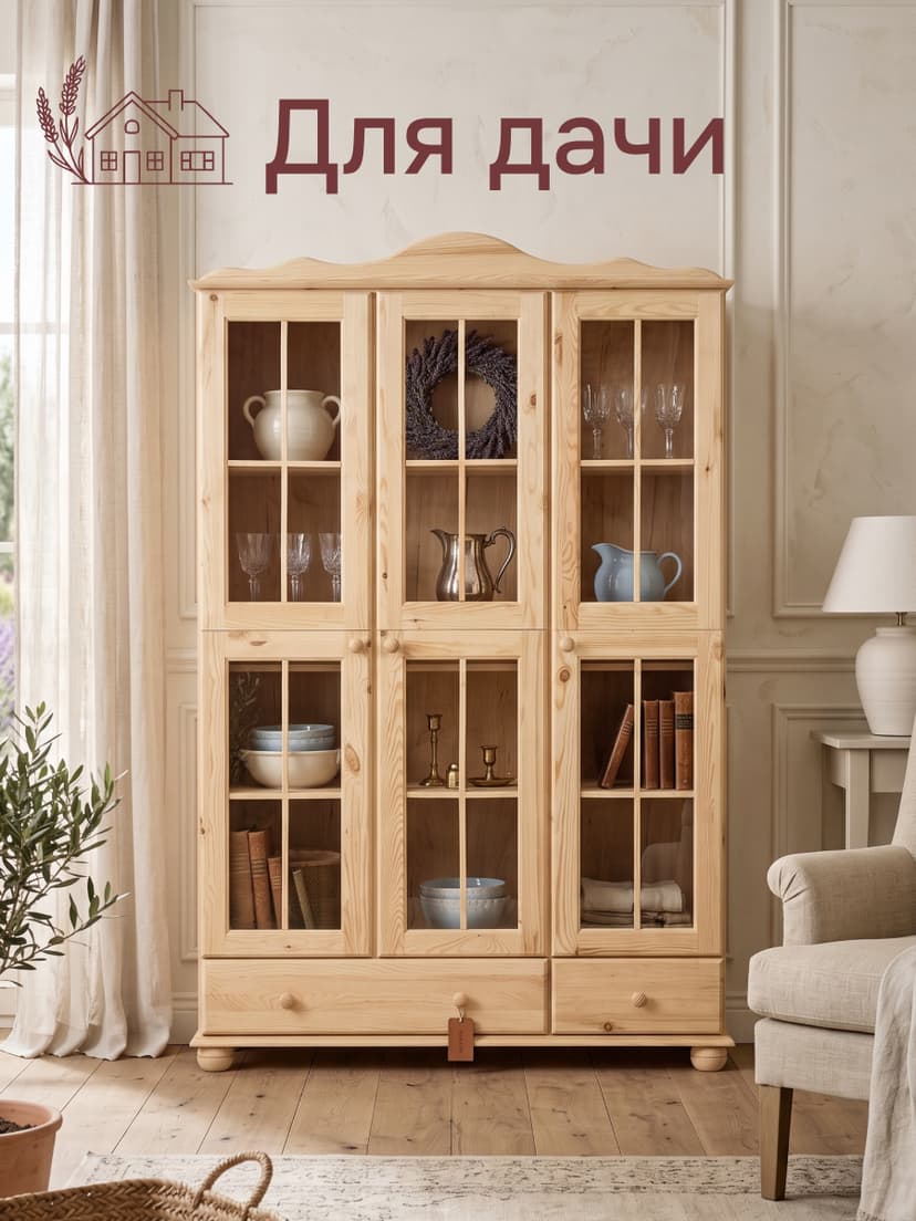 ЭКО шкаф-витрина Бритта, массив сосны (без химической обработки), 3 двери, 186х113х32, натуральный цвет — фото 3