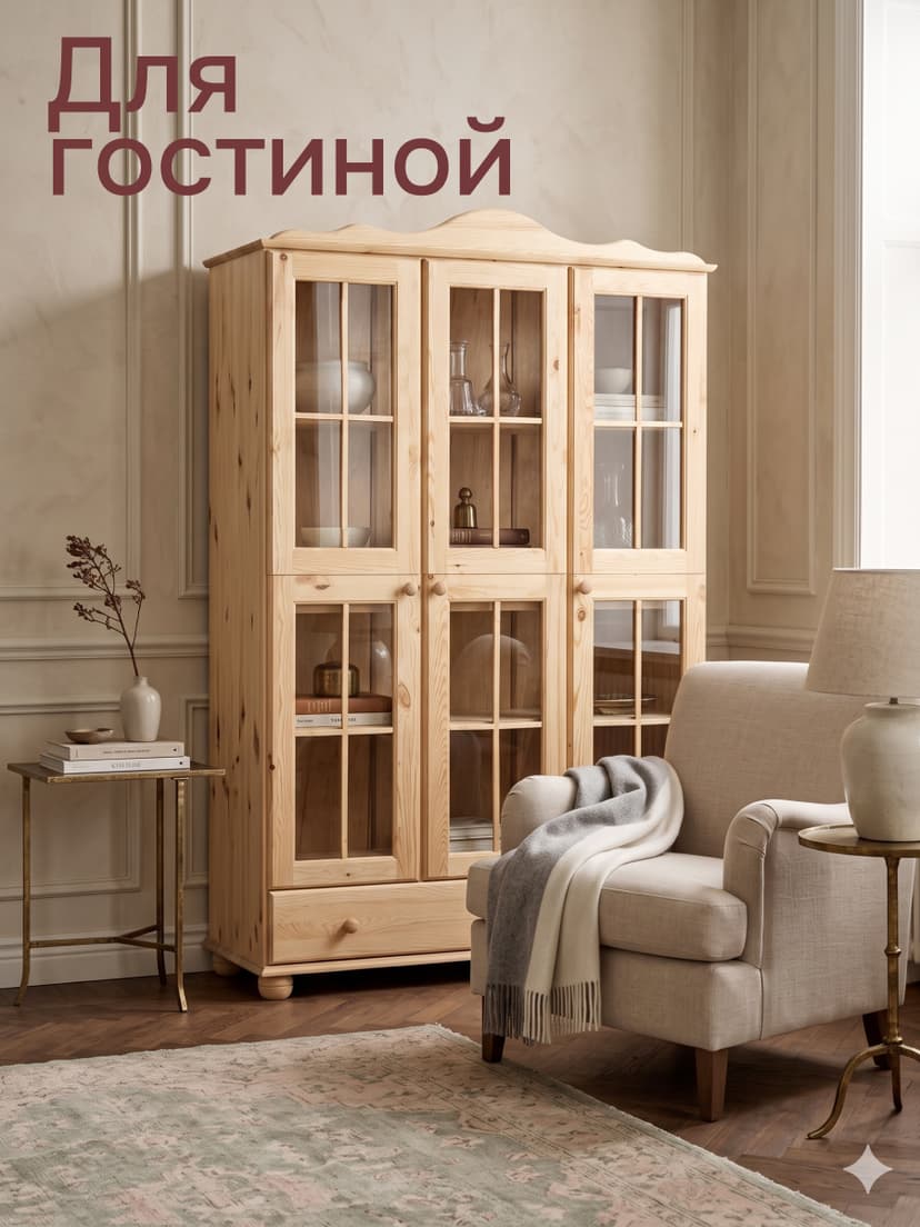 ЭКО шкаф-витрина Бритта, массив сосны (без химической обработки), 3 двери, 186х113х32, натуральный цвет — фото 6
