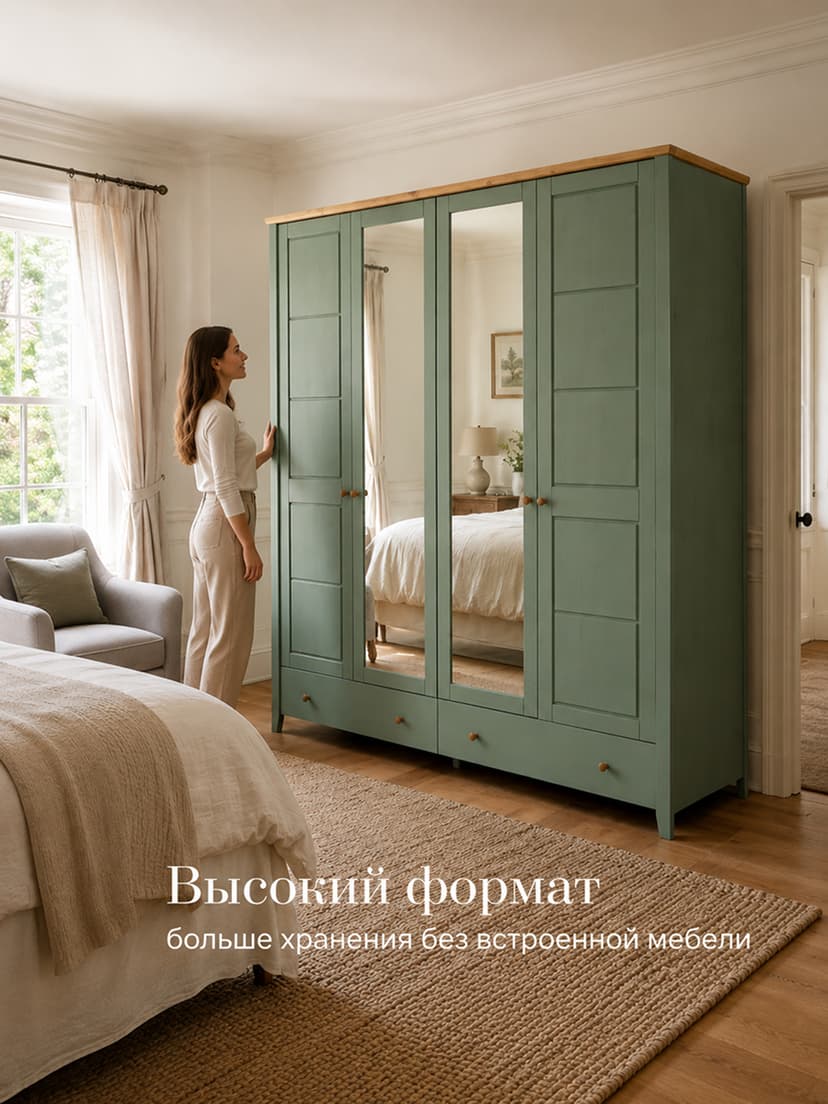 Шкаф для одежды распашной с зеркалом и ящиком Саргас, деревянный, массив сосны, эвкалипт, коричневый — фото 3