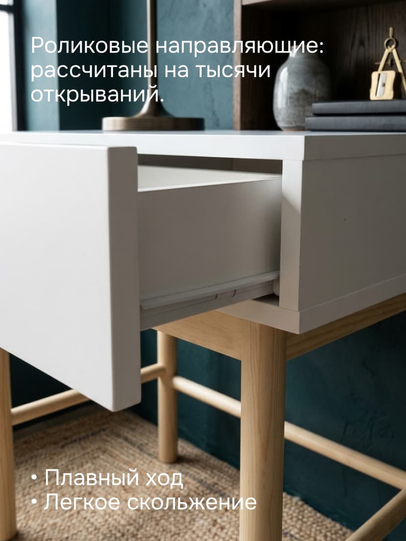 Туалетный столик, 100х35х79, Ола, консольный, с ящиками, косметический, для девочки, на ножках из сосны, белый — фото 3