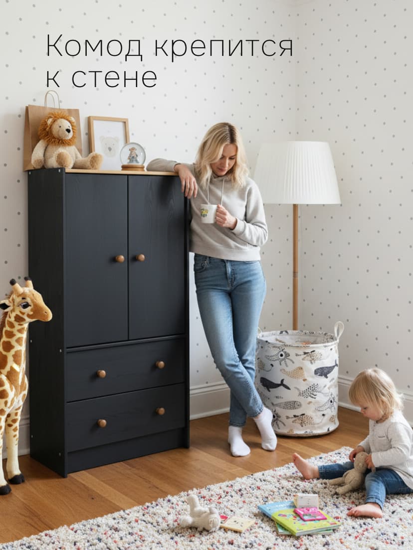 Комод Раст 62×30×120, 2 двери и 2 ящика, массив сосны, серый воск — фото 6