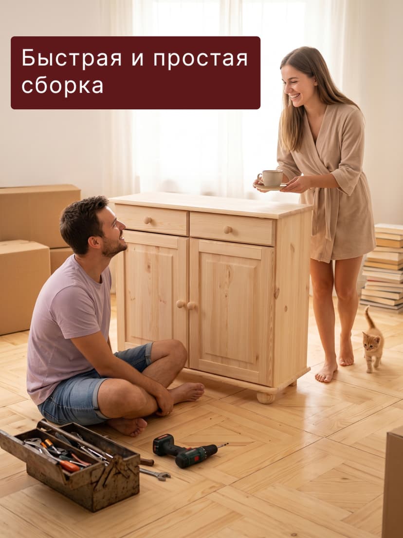 Тумба 90х39х83, Лена, для кухни, под телевизор, двухдверная из сосны, с ящиками (нижняя часть буфета Лена), в натуральной отделке, Dipriz — фото 2