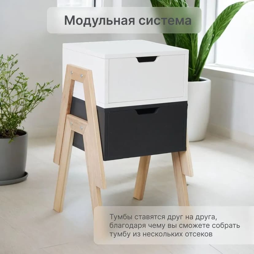 Тумба прикроватная Мунк в спальню и прихожую, с ножками из дуба, с ящиком, черный — фото 2