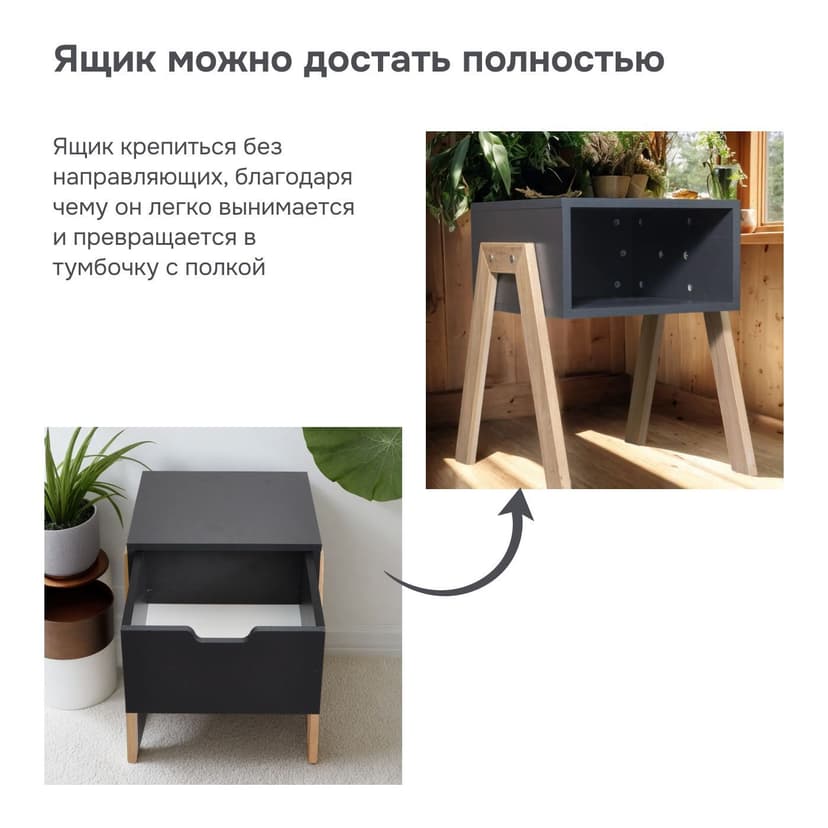 Тумба прикроватная Мунк в спальню и прихожую, с ножками из дуба, с ящиком, черный — фото 4
