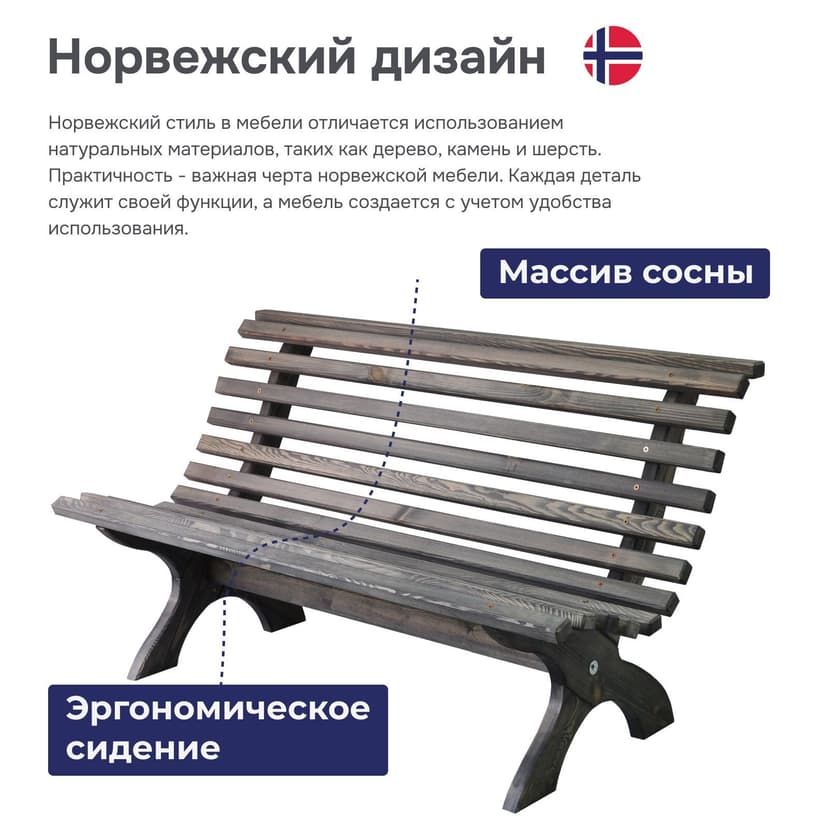Скамейка садовая 150х74х83 Осло со спинкой деревянная для сада из массива сосны, графит — фото 3