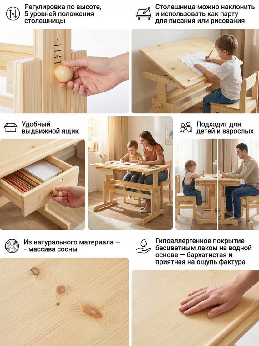 Письменный стол Лена 1 ящик, массив сосны, бежевый — фото 4