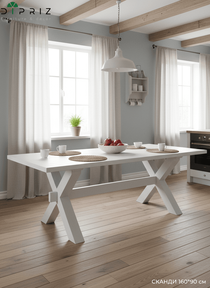 Стол обеденный Сканди 160×90×75, массив сосны, белый