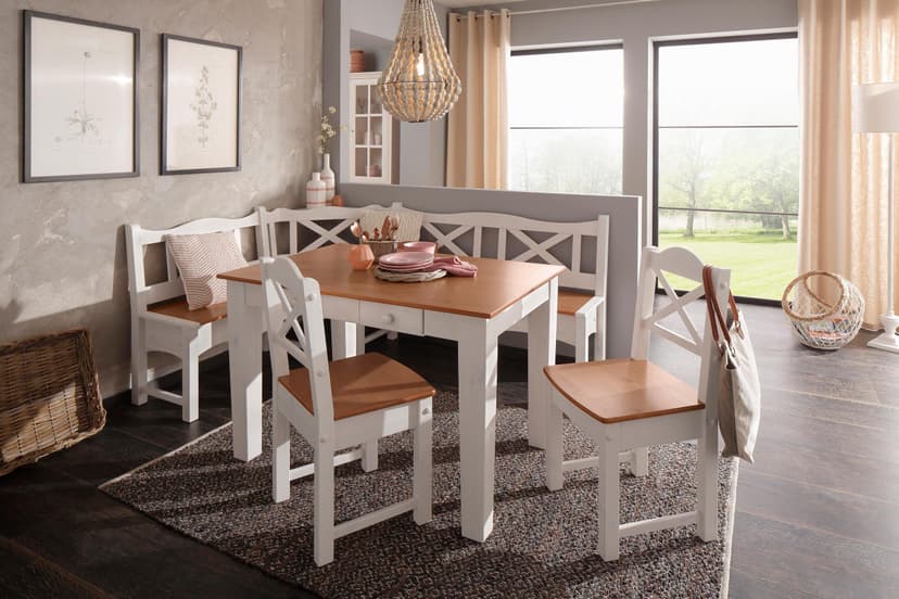 стол обеденный 120х80 и скамья, для сада, кухни, дачи, для террасы деревянный, белый воск/черри