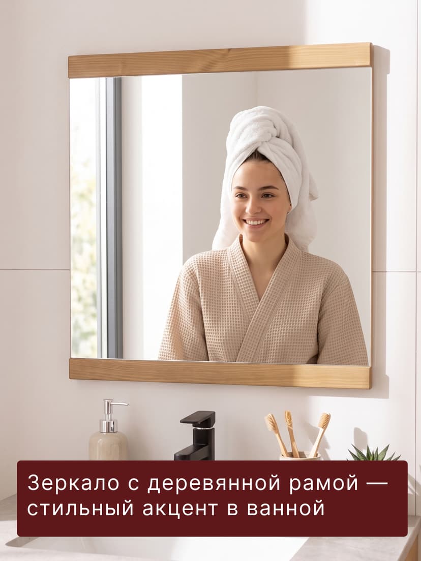 Зеркало настенное, 60х52, Фьонн, прямоугольное, в деревянной раме, для прихожей, ванны, дачи, бежевое, Dipriz — фото 2
