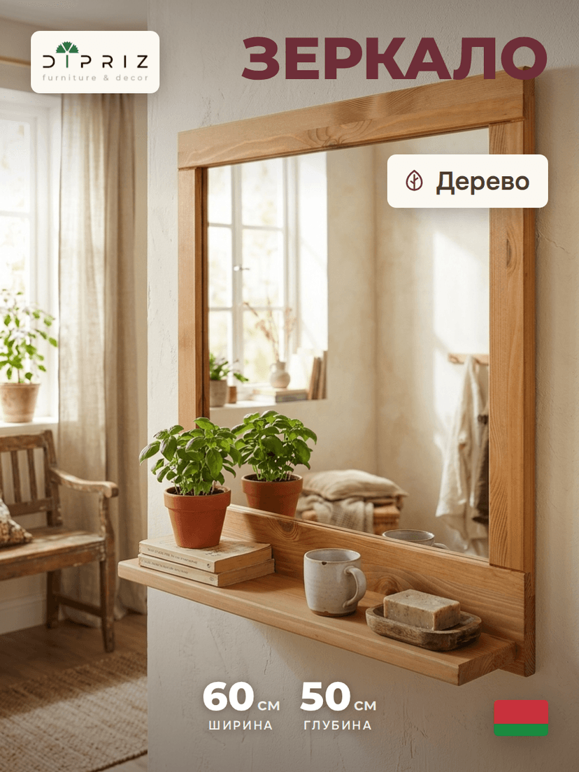 Зеркало настенное с полкой Джосси, коричневый