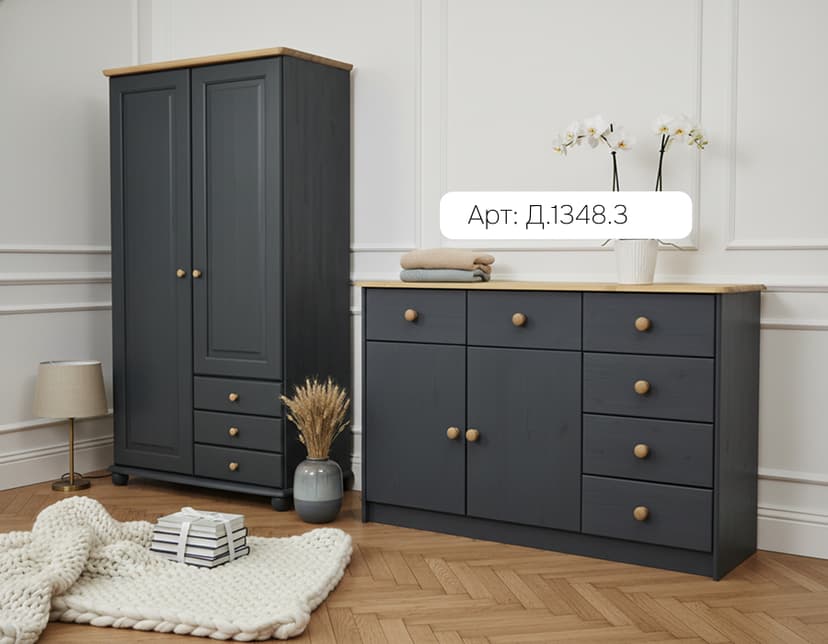 Шкаф для одежды Фалко 98,8×56,8×183,8, 2 двери и 3 ящика, массив сосны, серый воск — фото 5