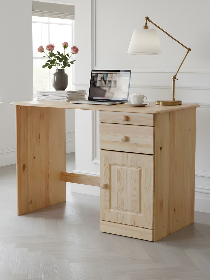 Письменный стол Вадим из массива сосны с ящиком и тумбой, лакированный, светло-коричневый — фото 4