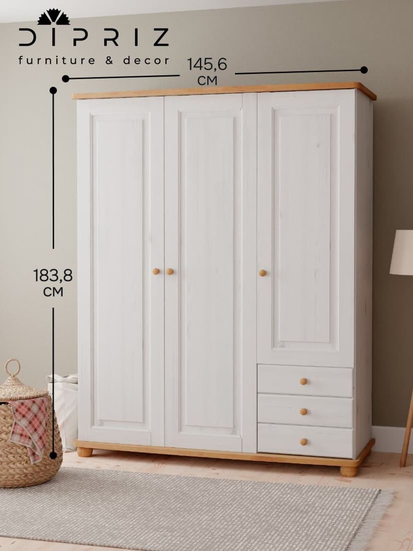 Шкаф для одежды Фалко 145,6×56,8×183,8, 3 двери и 3 ящика, массив сосны, белый воск — фото 2