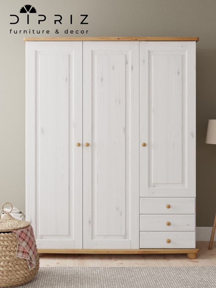Шкаф для одежды Фалко 145,6×56,8×183,8, 3 двери и 3 ящика, массив сосны, белый воск — фото 3