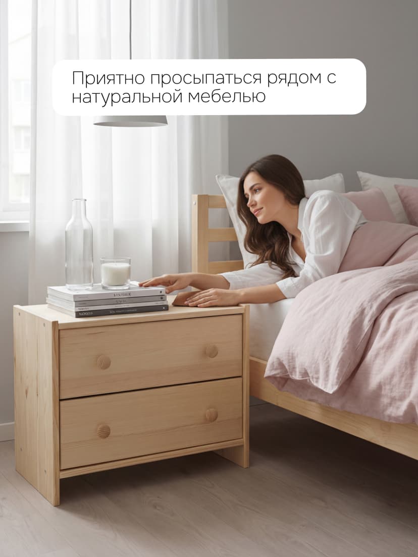 Прикроватная тумба Раст из сосны с 2 ящиками, 52х30х40 см, в скандинавском стиле, натуральная отделк