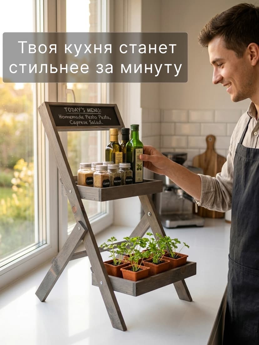Этажерка для цветов 30×30×71, 2 лотка и грифельная доска, массив сосны, серый бейц — фото 2