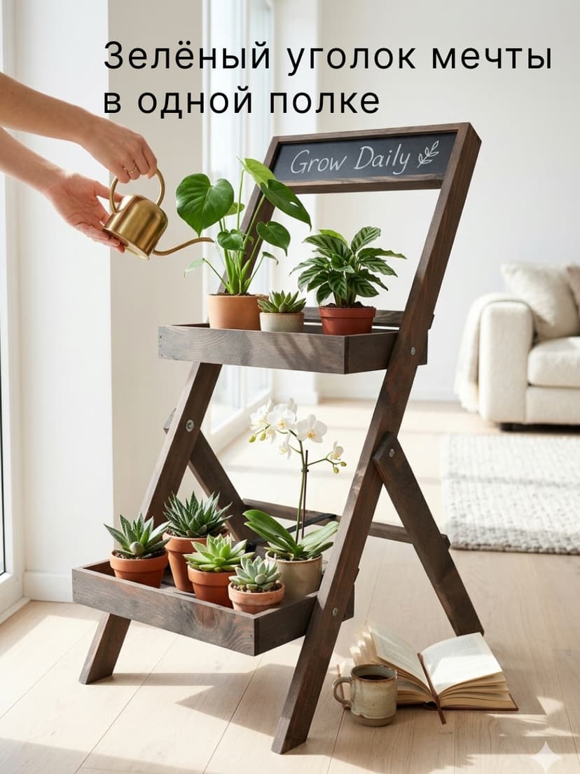 Этажерка для цветов 30×30×71, 2 лотка и грифельная доска, массив сосны, серый бейц — фото 4