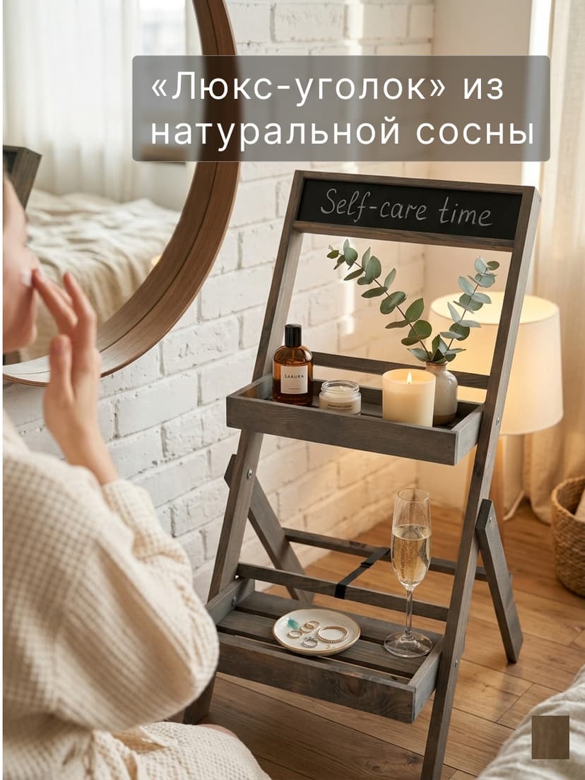 Этажерка для цветов 30×30×71, 2 лотка и грифельная доска, массив сосны, серый бейц — фото 6