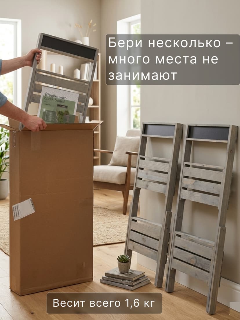 Этажерка для цветов 30×30×71, 2 лотка и грифельная доска, массив сосны, серый бейц — фото 7