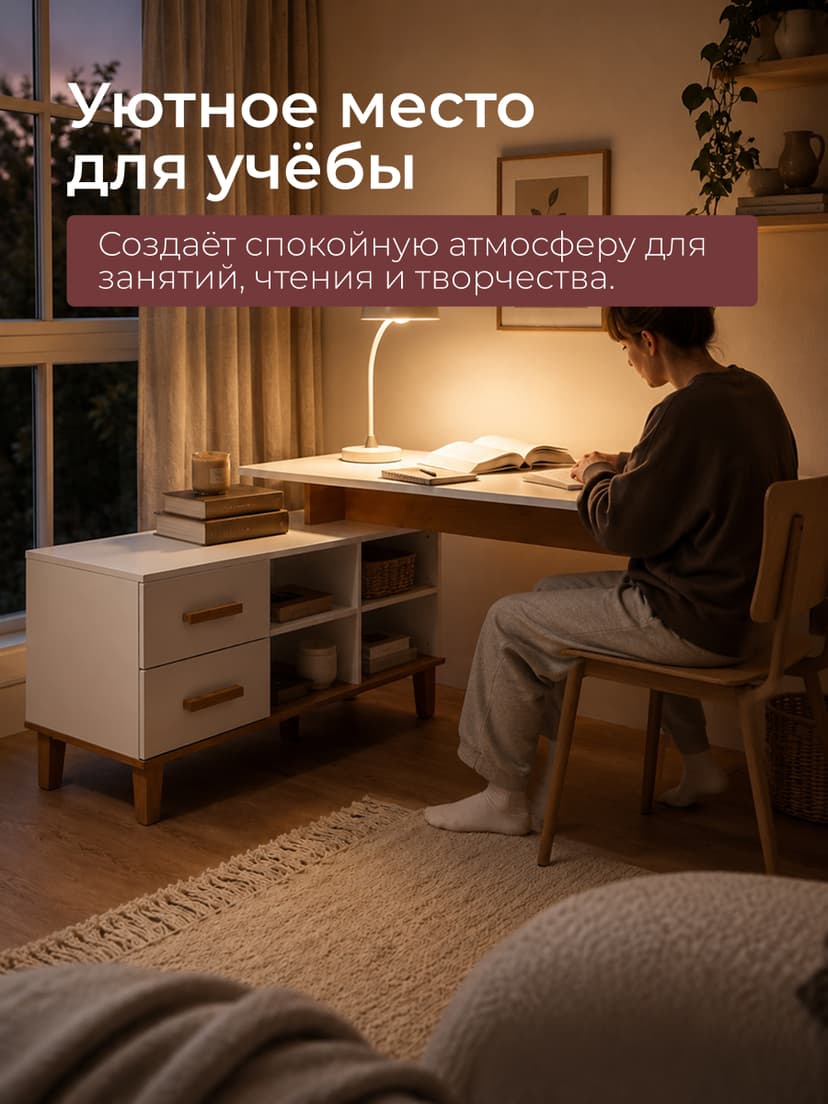 Стол письменный угловой Вест 158х130х77 см, белый, с 2 ящиками и полками, на ножках из массива сосны — фото 3