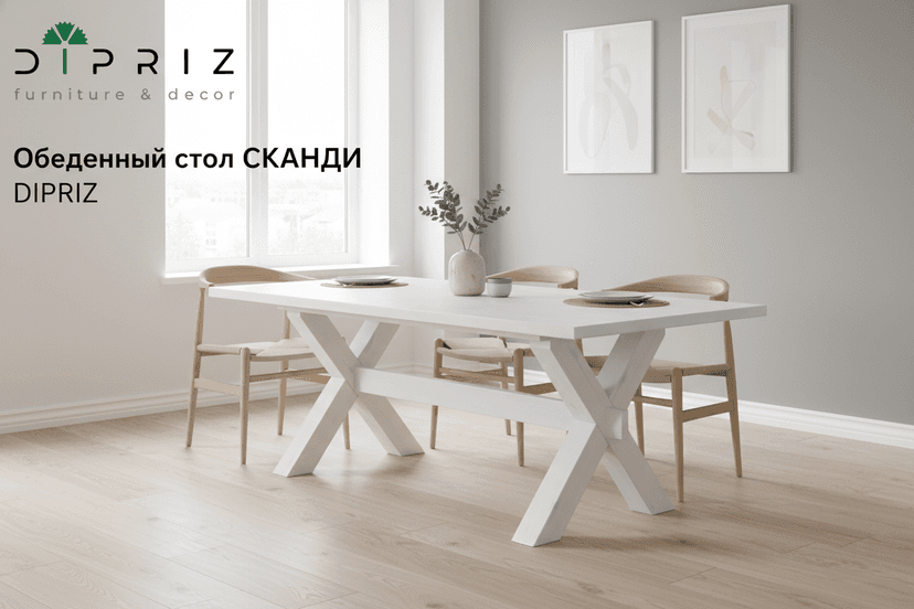 Обеденный стол "Сканди" из массива сосны, белый - Диприз — фото 2