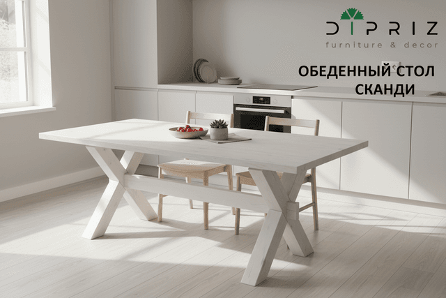 Обеденный стол "Сканди" из массива сосны, белый - Диприз