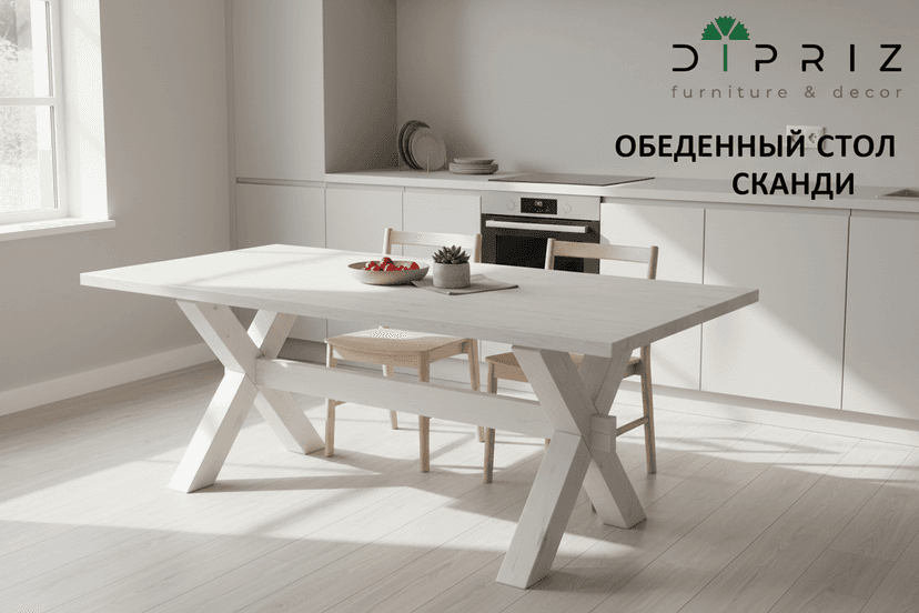 Обеденный стол "Сканди" из массива сосны, белый - Диприз