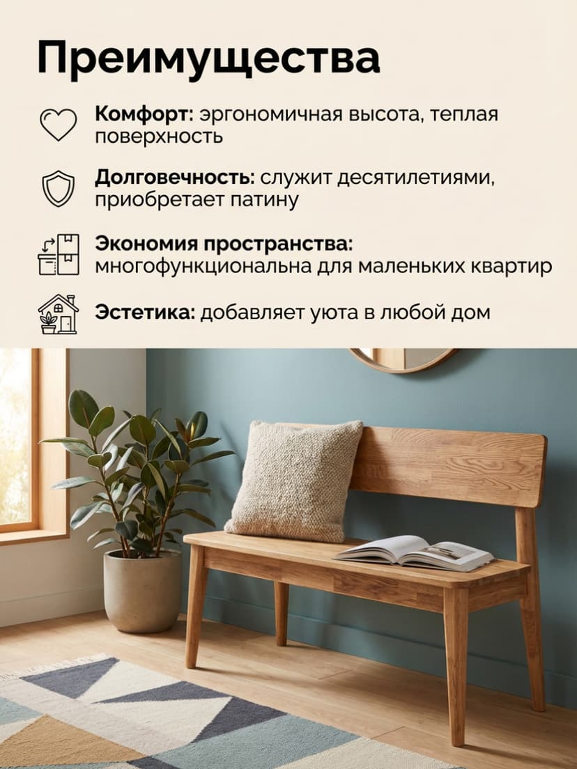 Скамья в прихожую 103х34х66 Мудэ с местом для хранения вещей, скамья на кухню из массива дуба, скамья для спальни, бежевый — фото 4