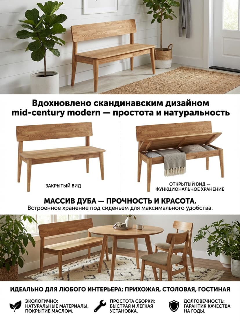 Скамья в прихожую 103х34х66 Мудэ с местом для хранения вещей, скамья на кухню из массива дуба, скамья для спальни, бежевый — фото 3