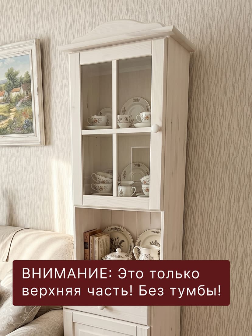Шкаф витрина, 48х28х105, Лена, стеклянная для посуды, с полками (верхняя часть буфета Лена), белый, массив сосны, Dipriz — фото 2