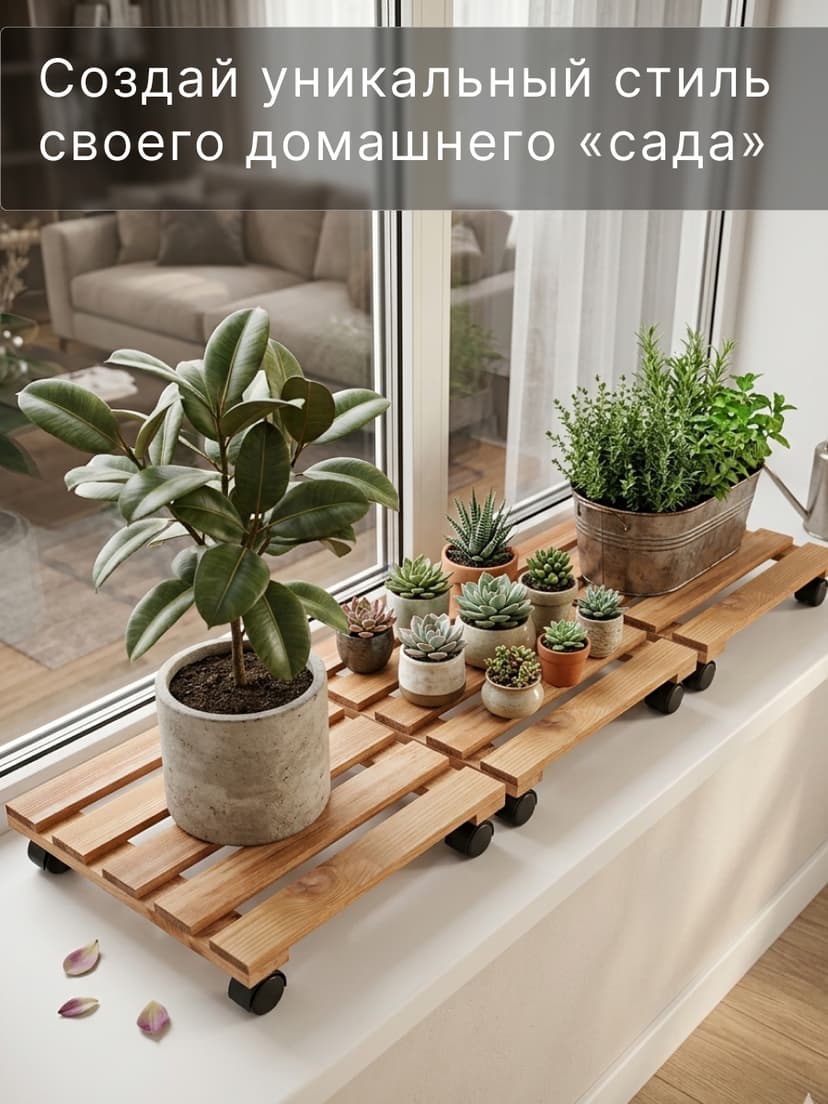 Подставка для цветов напольная на колесиках Флорэль деревянная в стиле рустик (состаренный), квадратная, браун, темно-коричневый — фото 4