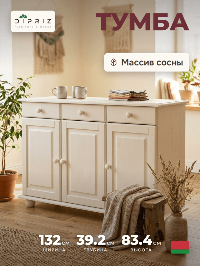 Тумба Лена трехдверная из сосны, с ящиками (нижняя часть буфета Лена), белый воск
