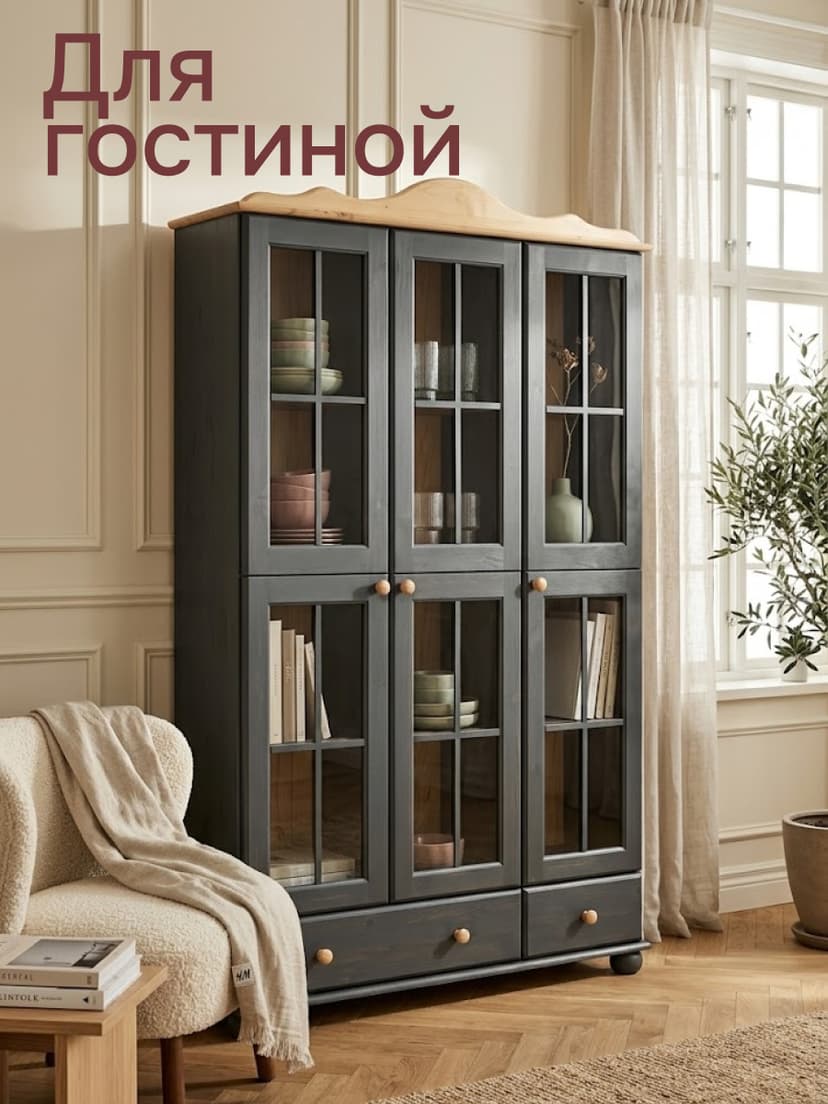Шкаф витрина Бритта трехдверная серый/антик, массив сосны — фото 2
