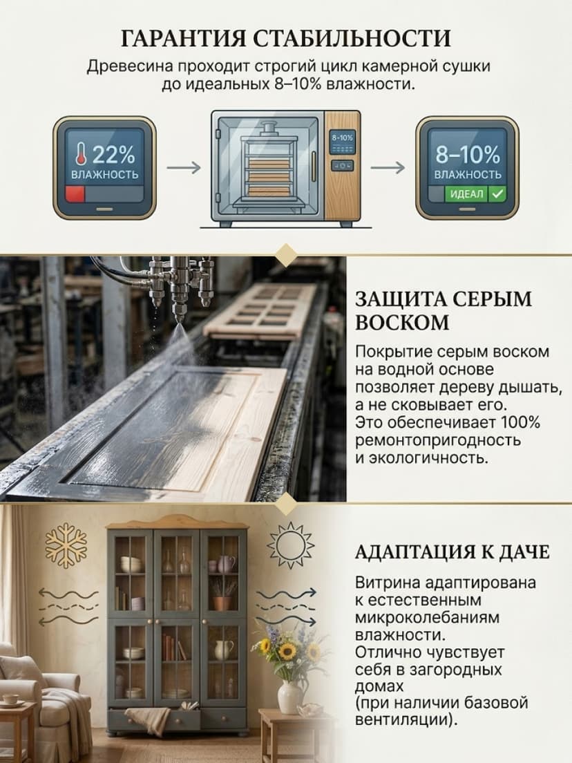 Шкаф витрина Бритта трехдверная серый/антик, массив сосны — фото 4