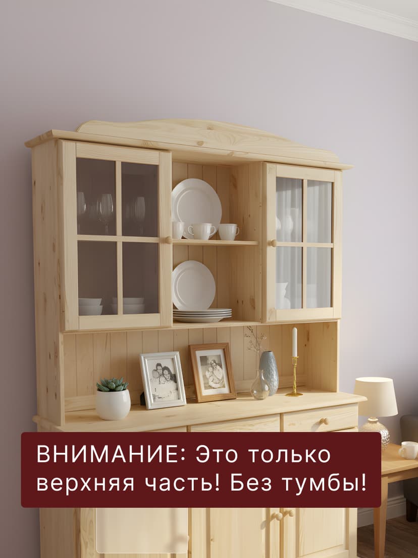 Шкаф навесной, 132х28х109, Лена, буфет для кухни, из массива дерева, с полками, (верхняя часть буфета Лена), лак, Dipriz, бежевый — фото 2