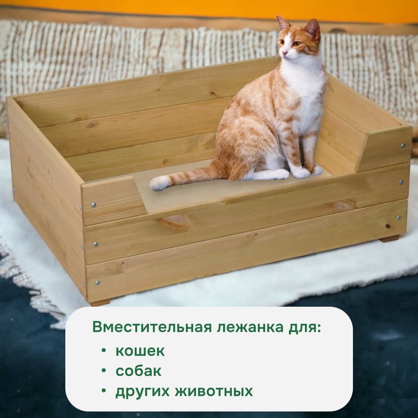 Лежанка домик для кошек и собак мелких и средних пород Вальди 78х58 см из массива сосны, прочный лежак для кошек и собак, бежевый — фото 4